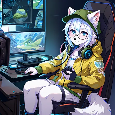 arctic fox, mascle, yellow jacket, moss green cap, wearing glasses, sitting on an economical chair, using gaming headphones, flu...
