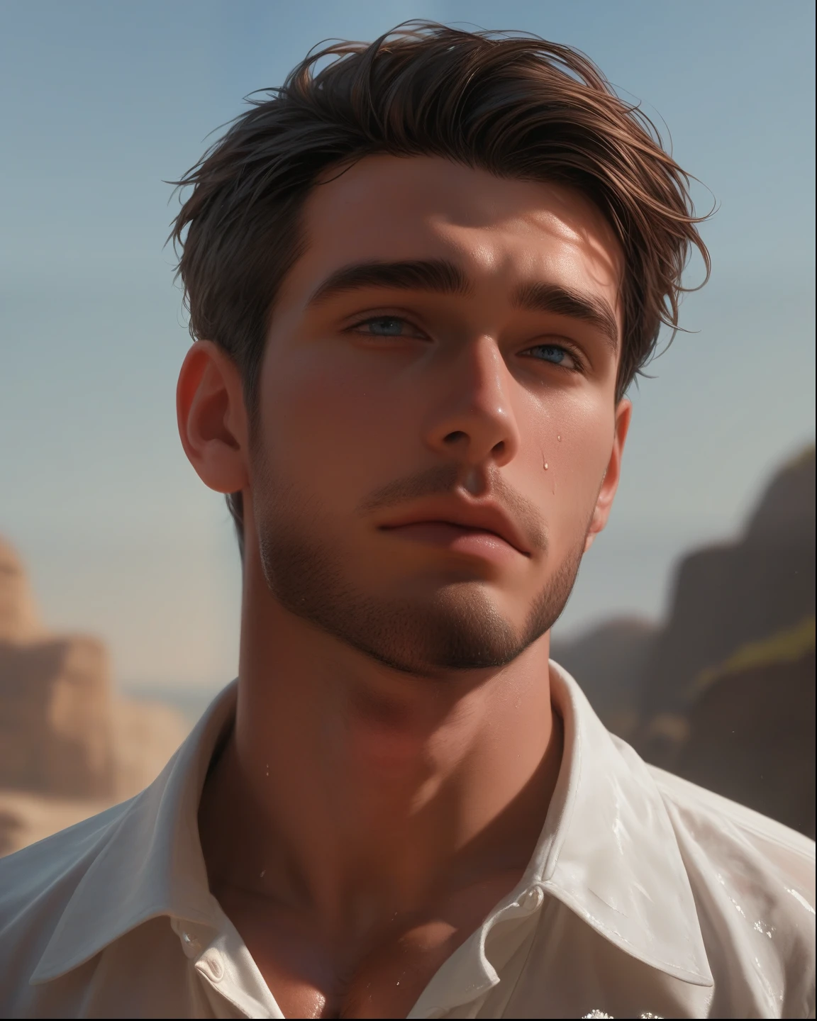 8k, handsome face, realistic, (natural lighting:studio lighting:0.5), sophisticated elegant mood, smudged, highly detailed, found footage, broad male shoulders, facial hair, cold, feel good, (best quality:1.5), portrait, wear white blouse, facial focus, Mischa_Janice, outdoors, blue sky, coconut,, (Artwork,best quality:1.5), zPDXL2