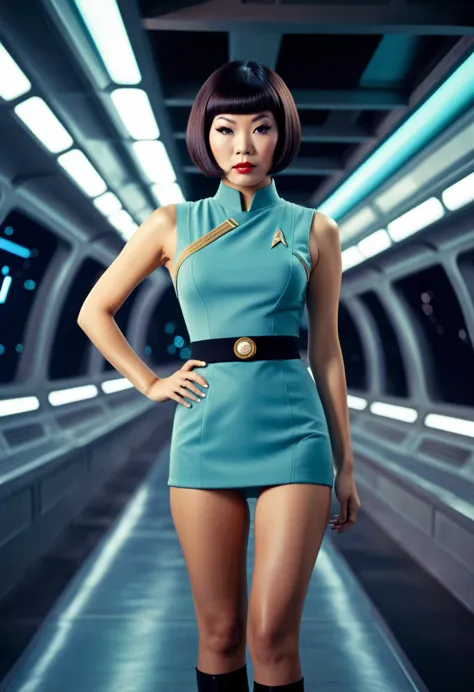 ((wearing star trek original series 60s/70s one piece sexist sexy short mini dress) (bridge crew uniform )) (asian-european, hal...