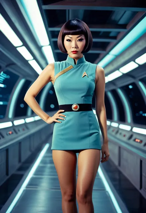 ((wearing star trek original series 60s/70s one piece sexist sexy short mini dress) (bridge crew uniform )) (asian-european, hal...