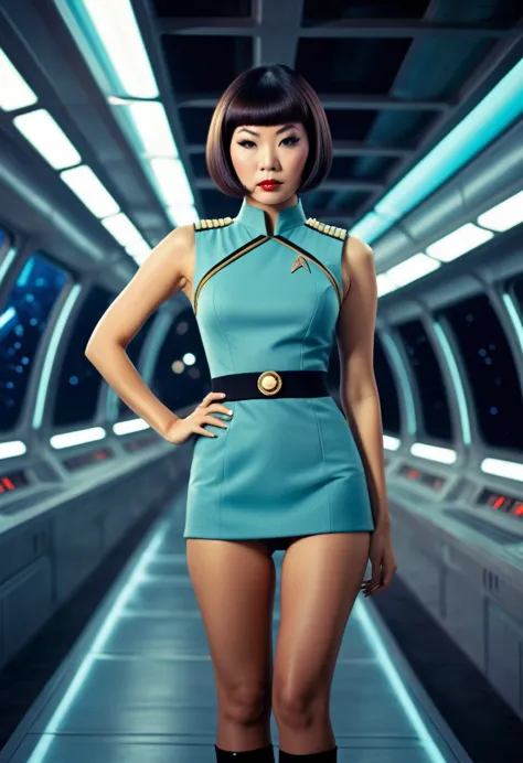 ((wearing star trek original series 60s/70s one piece sexist sexy short mini dress) (bridge crew uniform )) (asian-european, hal...