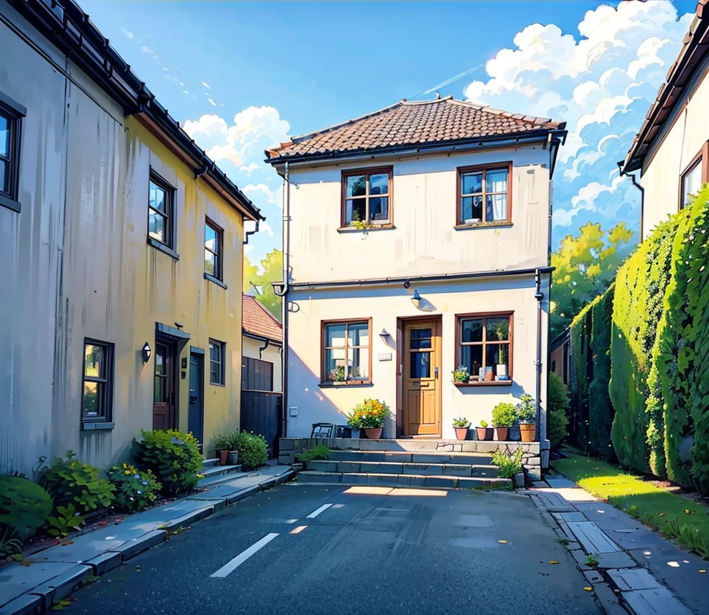 uma linda casa de três quartos em uma pequena cidade inglesa, com bela natureza. Casa tem garagem na esquina, Grande janela no primeiro andar, escadas que conduzem à porta principal e pórtico. Casa de tamanho médio. casa térrea. Área de estacionamento lateral. Adicione escadas na frente da casa.