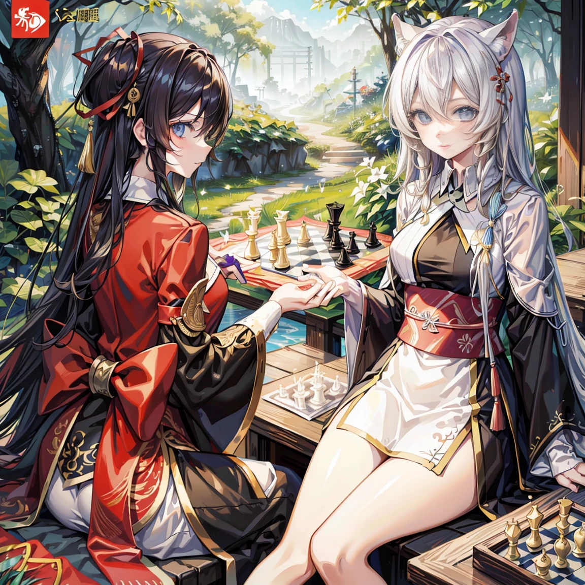  女孩下中国Chess，Eyes look at the chessboard，Official Art, Chinese Masterpiece Women&#39;s Clothing,Chinese style， light blonde , Dark blue glasses、best quality、high resolution，Go，Chess，Chess and cards，atmosphere，Looking up，Dressed in a fancy costume，Long hair，think，Colorful story，vibrant light，Complex design，Oil painting of ribbon fluttering in the wind，至尊atmosphere，Sitting，White