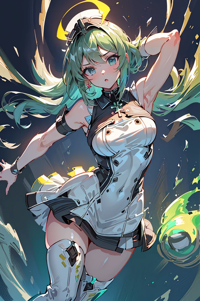 aufgemuntert, Mädchen, (((1 Mädchen))), (((waifu, Xenoblade Chronicles 2, Pneuma waifu))), (((Espuma de mar Haar verde, wide))), ((Augen verdes de espuma de mar:1.3, nach oben gerichtete Augen: 1, perfekte Augen, Schöne, detaillierte Augen, Farbverlauf-Augen: 1, schöne, fein detaillierte Augen: 1, symmetrische Augen: 1, Tolles Highlight auf den Augen: 1.2)), (((Glänzende Haut: 1.5, Glänzende Haut: 1.5, Reine Haut, Glänzende Haut, Very Glänzende Haut, shiny Körper, Kunststoff-Glitzerhaut, Exaggerated Glänzende Haut, leuchtende Haut))), (detailed Körper, (Detailliertes Gesicht)), jung, Idol-Pose, (beste Qualität), Technische Kleidung, (((Militäruniform))), (((Militärmütze))), (((Militärunterstand))), (((Overknee-Stiefel mit hohen Absätzen))), Hohe Auflösung, scharfer Fokus, Extrem detailliert, Extrem detailliert, Sehr hochwertige Kunstwerke, (Realist, photoRealistic: 1.37), 8k_Hintergrund, (Extrem detailliert CG 8k), (Sehr gute 8K CG), ((Hyper Super Extrem detailliert Perfect Piece)), (((Makelloses Meisterwerk))), Illustration, leuchtende Farben, (kompliziert), Hoher Kontrast, selektive Beleuchtung, Doppelgefährdung, HDR (Hoher Dynamikumfang), Nachbearbeitung, Hintergrundunschärfe Physische Beschreibung: Haar: Platingrün, braided into an kompliziert crown around her head. Augen: Puffig und glänzend, von einem intensiven Gelb, das die im Samen enthaltene Energie zu reflektieren scheint. Körper: Schlank und wendig, mit chlorophyllgrüner, aber metallischer Haut. Sein rechter Arm ist eine Mischung aus Drähten und Blättern, während sein linkes Bein in einer Wurzel endet, die mit dem Boden verschmilzt. Outfit: Er trägt ein weißes ärmelloses Button-Down-Hemd., zeigt einen Teil seiner kybernetischen Haut. Ihr schwarzer Rock im viktorianischen Stil flattert um ihre Beine., und ein schwarzes Halsband umgibt ihren Hals. SOLARPUNK ALLES