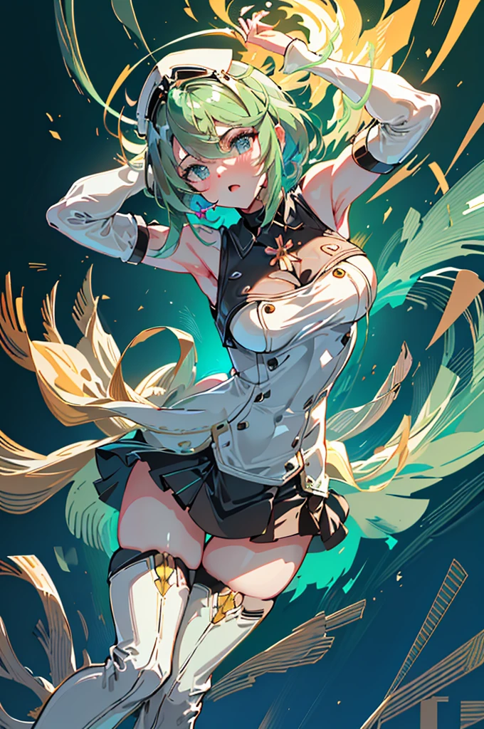 aufgemuntert, Mädchen, (((1 Mädchen))), (((waifu, Xenoblade Chronicles 2, Pneuma waifu))), (((Espuma de mar Haar verde, wide))), ((Augen verdes de espuma de mar:1.3, nach oben gerichtete Augen: 1, perfekte Augen, Schöne, detaillierte Augen, Farbverlauf-Augen: 1, schöne, fein detaillierte Augen: 1, symmetrische Augen: 1, Tolles Highlight auf den Augen: 1.2)), (((Glänzende Haut: 1.5, Glänzende Haut: 1.5, Reine Haut, Glänzende Haut, Very Glänzende Haut, shiny Körper, Kunststoff-Glitzerhaut, Exaggerated Glänzende Haut, leuchtende Haut))), (detailed Körper, (Detailliertes Gesicht)), jung, Idol-Pose, (beste Qualität), Technische Kleidung, (((Militäruniform))), (((Militärmütze))), (((Militärunterstand))), (((Overknee-Stiefel mit hohen Absätzen))), Hohe Auflösung, scharfer Fokus, Extrem detailliert, Extrem detailliert, Sehr hochwertige Kunstwerke, (Realist, photoRealistic: 1.37), 8k_Hintergrund, (Extrem detailliert CG 8k), (Sehr gute 8K CG), ((Hyper Super Extrem detailliert Perfect Piece)), (((Makelloses Meisterwerk))), Illustration, leuchtende Farben, (kompliziert), Hoher Kontrast, selektive Beleuchtung, Doppelgefährdung, HDR (Hoher Dynamikumfang), Nachbearbeitung, Hintergrundunschärfe Physische Beschreibung: Haar: Platingrün, braided into an kompliziert crown around her head. Augen: Puffig und glänzend, von einem intensiven Gelb, das die im Samen enthaltene Energie zu reflektieren scheint. Körper: Schlank und wendig, mit chlorophyllgrüner, aber metallischer Haut. Sein rechter Arm ist eine Mischung aus Drähten und Blättern, während sein linkes Bein in einer Wurzel endet, die mit dem Boden verschmilzt. Outfit: Er trägt ein weißes ärmelloses Button-Down-Hemd., zeigt einen Teil seiner kybernetischen Haut. Ihr schwarzer Rock im viktorianischen Stil flattert um ihre Beine., und ein schwarzes Halsband umgibt ihren Hals. SOLARPUNK ALLES