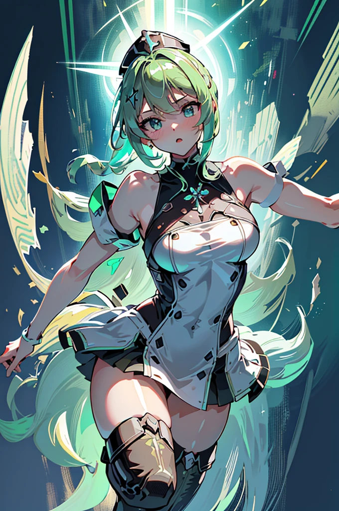 cheered up, girl, (((1 girl))), (((waifu, xenoblade chronicles 2, Pneuma waifu))), (((Espuma de mar Hair verde, wide))), ((Eyes verdes de espuma de mar:1.3, upturned eyes: 1, Perfect eyes, Beautiful detailed eyes, Gradient eyes: 1, Beautiful finely detailed eyes: 1, symmetrical eyes: 1, Great highlight on the eyes: 1.2)), (((shiny skin: 1.5, shiny skin: 1.5, clear skin, shiny skin, Very shiny skin, shiny body, plastic glitter skin, Exaggerated shiny skin, illuminated skin))), (detailed body, (detailed face)), YOUNG, idol pose, (Best Quality), technological clothing, (((military uniform))), (((military cap))), (((military shelter))), (((Thigh High Heeled Boots))), high resolution, sharp focus, ultra detailed, extremely detailed, Very high quality works of art, (realist, photorealistic: 1.37), 8k_wallpaper, (extremely detailed CG 8k), (very good 8K CG), ((Hyper Super ultra detailed Perfect Piece)), (((Flawless Masterpiece))), illustration, vibrant colors, (intricate), High contrast, Selective lighting, double exposure, HDR (High dynamic range), Post processing, Background blur Physical description: Hair: Platinum green, braided into an intricate crown around her head. Eyes: Puffy and shiny, of an intense yellow that seems to reflect the energy contained in the seed. body: Slim and agile, with a chlorophyll green but metallic skin. His right arm is a mixture of wires and leaves, while his left leg ends in a root that merges with the ground. outfit: He is wearing a white sleeveless button-down shirt., showing part of his cybernetic skin. Her black Victorian-style skirt flutters around her legs., and a black choker surrounds her neck. SOLARPUNK EVERYTHING