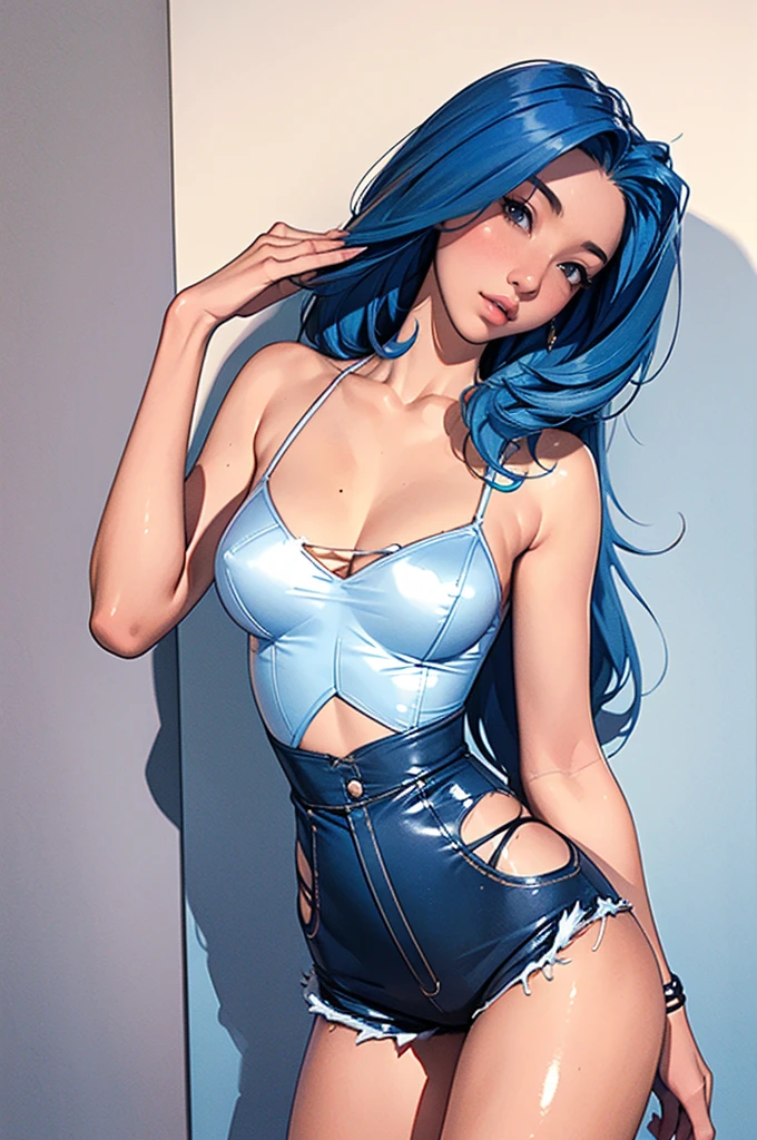 (best quality: 1.2), clean face, (masterpiece: 1.2, 8k) perfect anatomy, 1girl,a beautiful fashion model ,(masterpiece, official art, best quality ,long and shiny hair, blue hair with streaks in hair, long hair, full lips, slender body, slim body big breasts, looking at viewer, revealing outfit, absurdity, intricate details, dynamic pose, club, , wearing short shorts and a tight white top, cleavage, torn clothes, thong straps