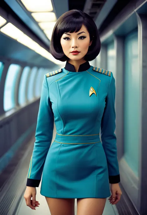 ((wearing star trek original series 60s/70s one piece sexist sexy short mini dress) (bridge crew uniform )) (asian-european, hal...