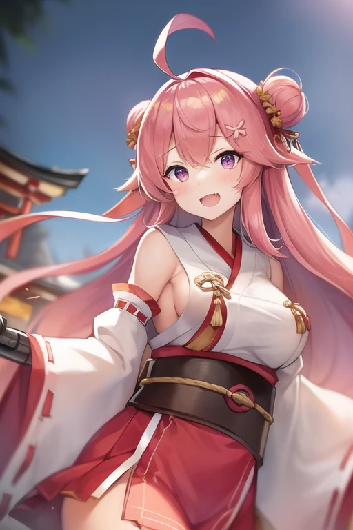 One girl, alone, Long Hair, King Kongu (Kantai Collection),Sakura Miko, Pink Hair, Double Bang, Purple eyes, Hair Bun, Ahoge, Open your mouth, Non-traditional Shrine Maiden, Removable sleeves, Brown eyes, White Background, (headgear):2, (Hair Bunド):2, smile, Sleeves edged with ribbon, Simple Background, kimono, Ribbon trim, View your viewers,  username, Upper Body, Wide sleeves, :d, King Kong