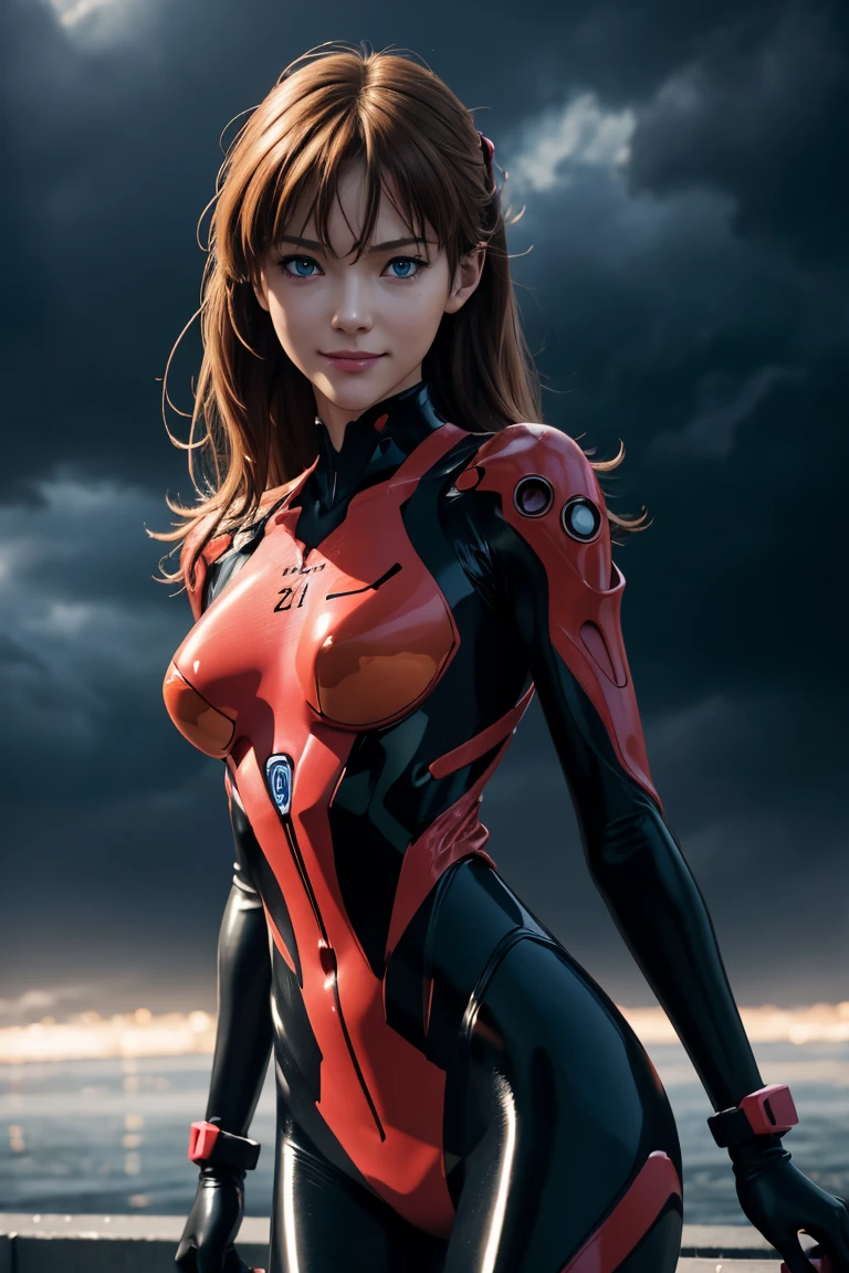 Evangelion,Asuka Langley,blue eyes,Plug Suit,Bodysuits,Interface Headset,赤いBodysuits,Ultra HD,super high quality,masterpiece,Digital SLR,Photorealistic,Detailed details,Vivid details,Depicted in detail,A detailed face,Detailed details,Super Detail,Realistic skin texture,Anatomical basis,Perfect Anatomy,Anatomically correct hand,Anatomically correct fingers,Complex 3D rendering,Sexy pose,Rainy Sky,Beautiful scenery,Fantastic rainy sky,Picturesque,Pink Lips,smile,