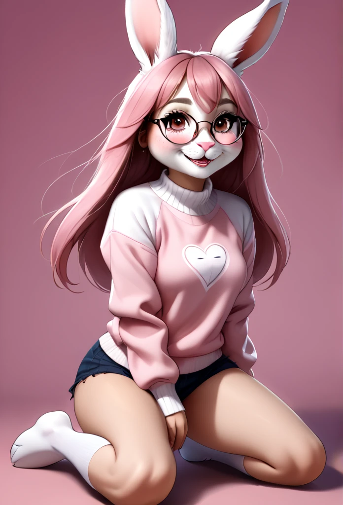 (score_9, score_8_up), score_7_up, score_6_up, score_5_up, score_4_up, Hazel Typh, 1bunny, best quality, furry, brown fur, pink hair, animal ears, gold piercing, heart-shaped pupils, animal nose, pink eyes, hair bun, long tail, expressionless, closed mouth, fangs, puffy sleeves, kneeling, on knees, pink background, looking at viewer, round glasses, beautiful and detailed, girl (((female))) ((anthro)) bunny, (Averi, bunny girl), by waspsalad, by phluks, by zero-sum, bunny, (anthro, fluffy fur, character focus:1.1), anthro bunny, body fur, nice, cute, digital drawing, (half-closed eyes), big eyes, sweater, short shorts, thigh highs, stockings, (hi res), ((masterpiece)), ((best quality)), bunny, female bunny, clean sketch, anthropomorphic bunny, fursona, sharp teeth, big ears, smooth hair, smooth fur, long eyelashes, makeup, thin, chubby face