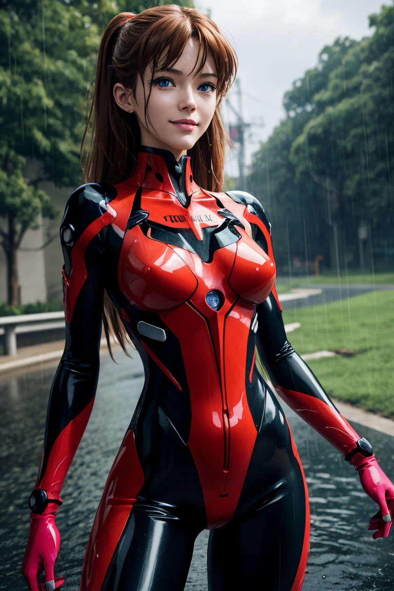 Evangelion,Asuka Langley,blue eyes,Plug Suit,Bodysuits,Interface Headset,赤いBodysuits,Ultra HD,super high quality,masterpiece,Digital SLR,Photorealistic,Detailed details,Vivid details,Depicted in detail,A detailed face,Detailed details,Super Detail,Realistic skin texture,Anatomical basis,Perfect Anatomy,Anatomically correct hand,Anatomically correct fingers,Complex 3D rendering,Sexy pose,Rainy Sky,Beautiful scenery,Fantastic rainy sky,Picturesque,Pink Lips,smile,