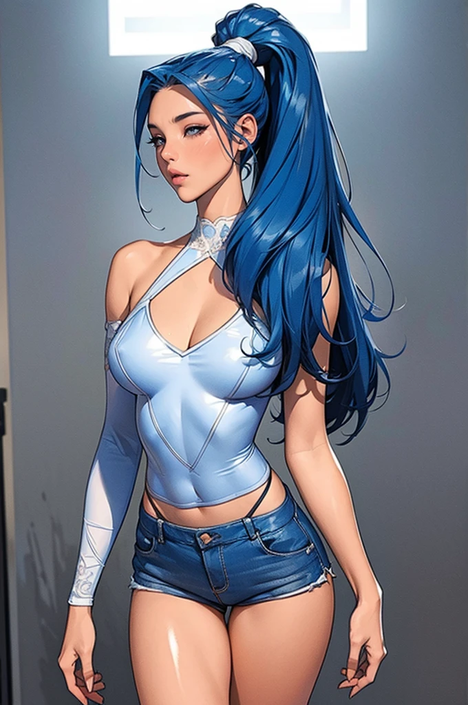 (best quality: 1.2), clean face, (masterpiece: 1.2, 8k) perfect anatomy, 1girl,a beautiful fashion model ,(masterpiece, official art, best quality ,long and shiny hair, blue hair with streaks in hair, long hair, full lips, slender body, slim body big breasts, looking at viewer, revealing outfit, absurdity, intricate details, dynamic pose, club, , wearing short shorts and a tight white top, cleavage, thong straps, ponytail