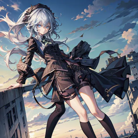 Punk girl，Rooftop，sideways，The wind blows long hair，Metal accessories，One hand on，Double tail，hat，Suspender clothes，Musical Inst...