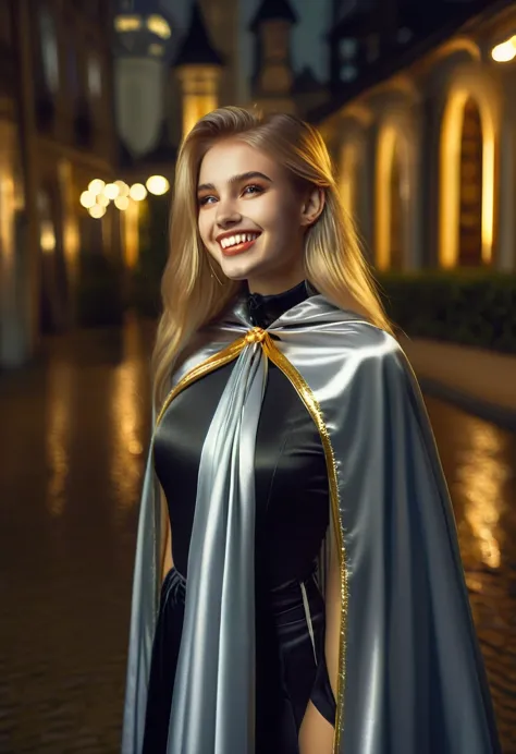 vampyfangs1,(raw photo) , 1girl, cute, 20 years old, long blonde hair in ponytail, smiling, look at viewer, ((((silver and gold ...