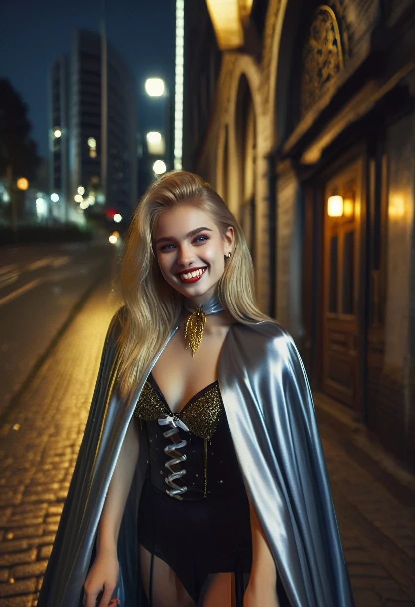 Vampyfangs1,(RAW photo) , 1girl, cute, 20 years old, long blonde hair in ponytail, smiling, look at viewer, ((((silver and gold lined satin cape tied at the neck)))+++, side spilt skirt , photo, realistic, best quality, hires, detailed face, detailed background, diffused lighting, depth of field, bokeh