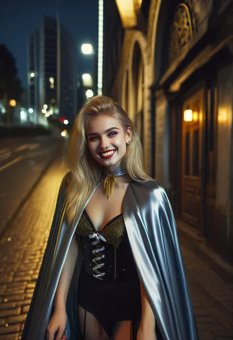 vampyfangs1,(raw photo) , 1girl, cute, 20 years old, long blonde hair in ponytail, smiling, look at viewer, ((((silver and gold ...