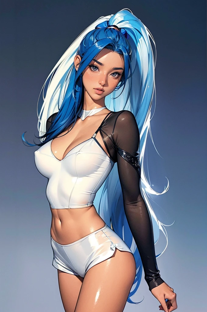 (best quality: 1.2), clean face, (masterpiece: 1.2, 8k) perfect anatomy, 1girl,a beautiful fashion model ,(masterpiece, official art, best quality ,long and shiny hair, blue hair with streaks in hair, long hair, full lips, slender body, slim body big breasts, looking at viewer, revealing outfit, absurdity, intricate details, dynamic pose, club, , wearing short shorts and a tight white top, cleavage, thong straps, ponytail