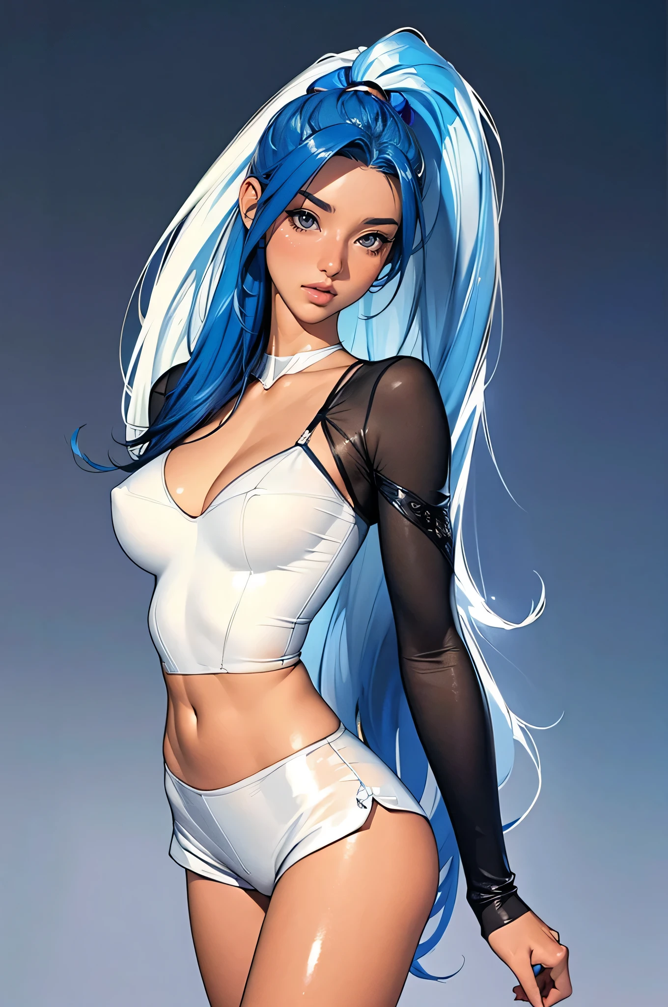 (best quality: 1.2), clean face, (masterpiece: 1.2, 8k) perfect anatomy, 1girl,a beautiful fashion model ,(masterpiece, official art, best quality ,long and shiny hair, blue hair with streaks in hair, long hair, full lips, slender body, slim body big breasts, looking at viewer, revealing outfit, absurdity, intricate details, dynamic pose, club, , wearing short shorts and a tight white top, cleavage, thong straps, ponytail