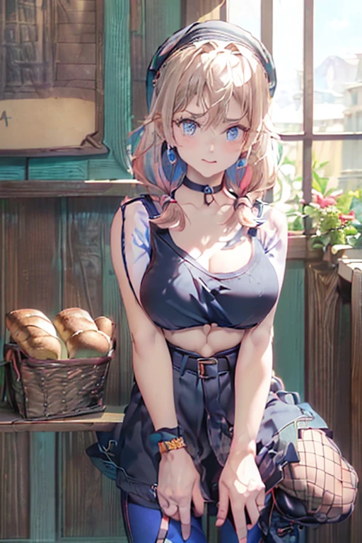 (perky chest:1.2), (pointed chest:1.2),(((Black Tunic:1.3))),(((cakes and bread in the basket),Cute and beautiful girl,masterpiece、highest quality、Very detailed、Beautiful fine details、One Girl、Detailed landscape、Training gym Room Background:1.4、Braided Ponytail、Red camisole、((B cup breasts, Tank top showing underboob:1.3)), black jacket, thigh strap, bangs, necktie, earrings, nail polish, fishnet pantyhose, multicolored hair, looking at viewer, full body, bottle, own hands together, belt, food, animal on head, black necktie, ring, choker, english text paper:1.2, collared shirt, blue eyes, platform boots, hat,lace-up boots ,
