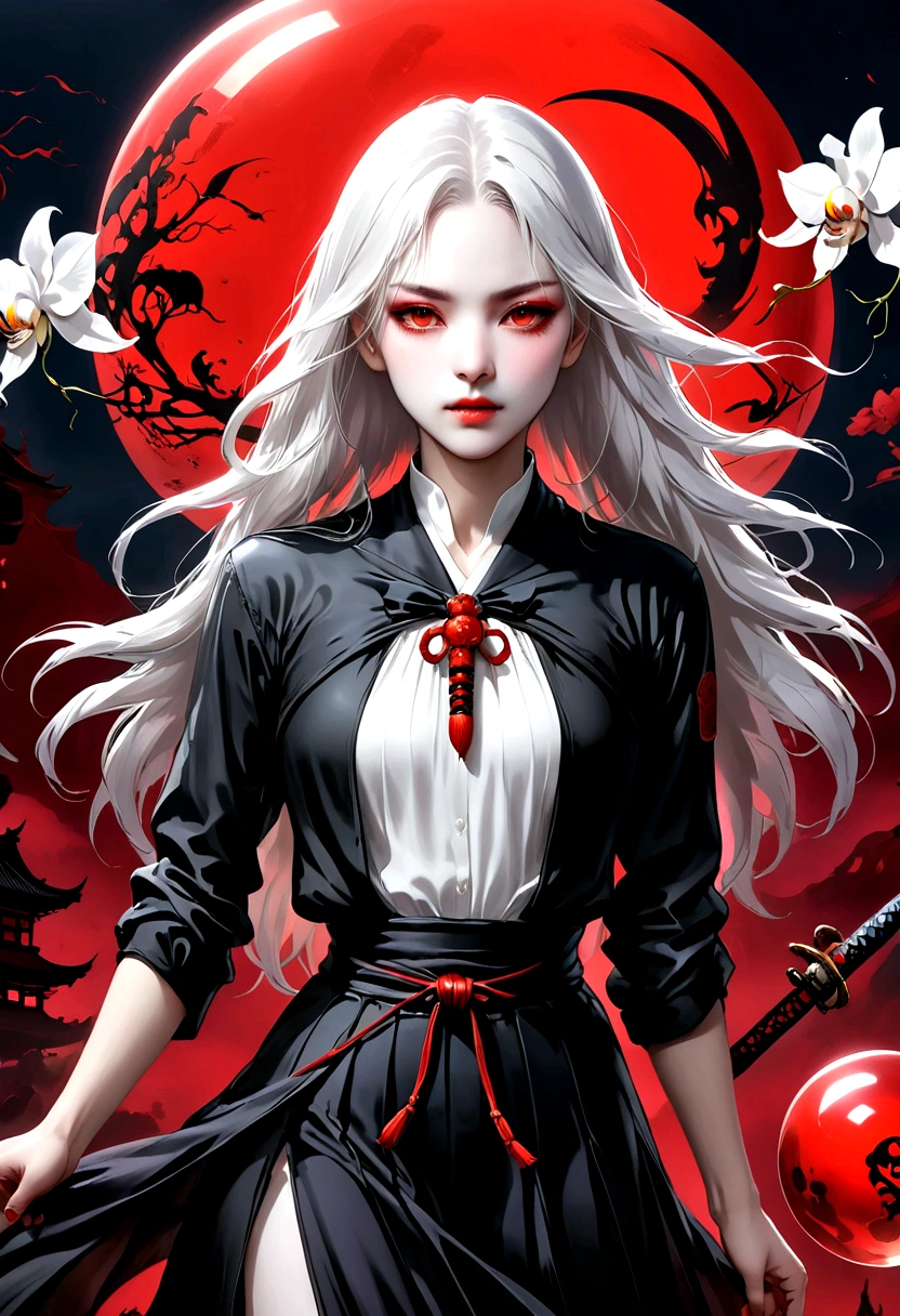 (style of santiago caruso:1.1),1 girl，Black sailor suit pleated skirt，Blurred foreground，orchid，Long white hair fluttering in the wind，Background blur，Red sphere background，permanent，Japanese sword，Holding a Japanese sword，（Eyes covered by orchid），A transparent bioluminescent bone snake wrapped around the body