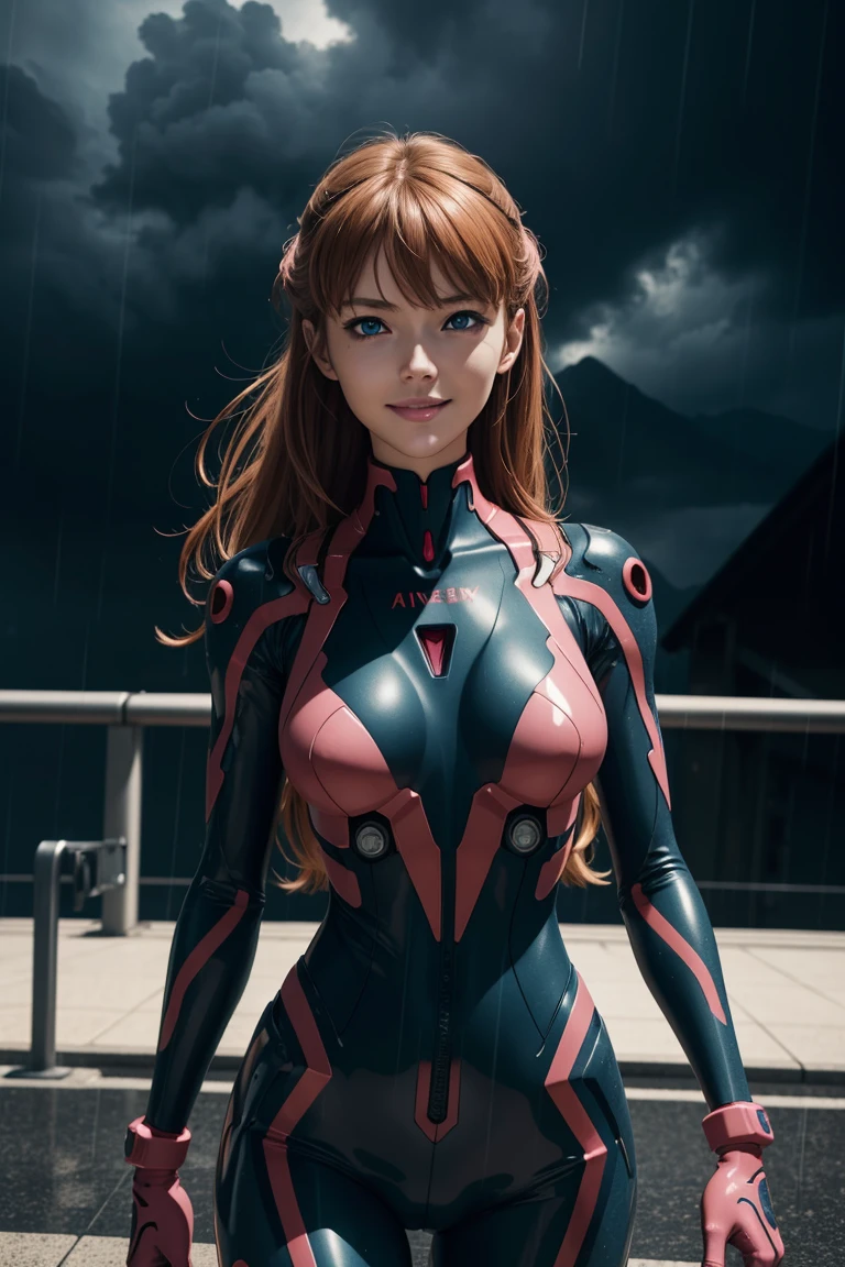 evangelion,asuka lanley,blue eyes,traje enchufable,Bodies,auriculares de interfaz,赤いBodies,ultra alta definición,calidad súper alta,obra maestra,Cámaras réflex digitales,Fotorrealista,Detalles detallados,detalles vívidos,representado en detalle,Una cara detallada,Detalles detallados,Súper detalle,textura de piel realista,Base anatómica,anatomía perfecta,mano anatómicamente correcta,Dedos anatómicamente correctos,Representación 3D compleja,pose sexy,cielo lluvioso,hermoso paisaje,Fantástico cielo lluvioso,pintoresco,Labios rosados,sonrisa,