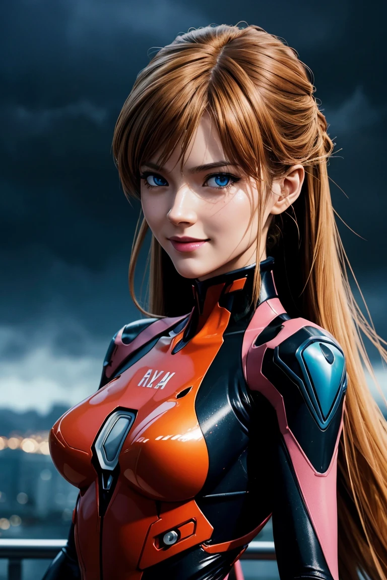 evangelion,asuka lanley,blue eyes,traje enchufable,Bodies,auriculares de interfaz,赤いBodies,ultra alta definición,calidad súper alta,obra maestra,Cámaras réflex digitales,Fotorrealista,Detalles detallados,detalles vívidos,representado en detalle,Una cara detallada,Detalles detallados,Súper detalle,textura de piel realista,Base anatómica,anatomía perfecta,mano anatómicamente correcta,Dedos anatómicamente correctos,Representación 3D compleja,pose sexy,cielo lluvioso,hermoso paisaje,Fantástico cielo lluvioso,pintoresco,Labios rosados,sonrisa,