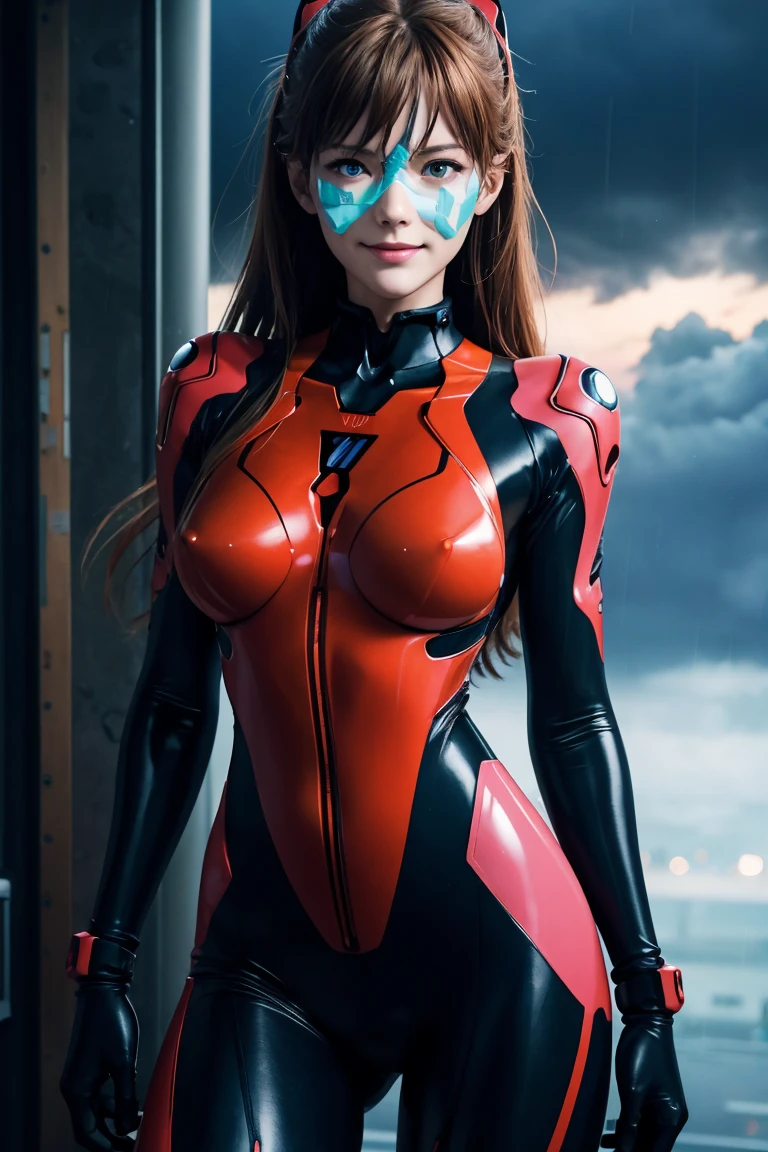 Evangelion,Asuka Langley,blue eyes,Plug Suit,Bodysuits,Interface Headset,赤いBodysuits,Ultra HD,super high quality,masterpiece,Digital SLR,Photorealistic,Detailed details,Vivid details,Depicted in detail,A detailed face,Detailed details,Super Detail,Realistic skin texture,Anatomical basis,Perfect Anatomy,Anatomically correct hand,Anatomically correct fingers,Complex 3D rendering,Sexy pose,Rainy Sky,Beautiful scenery,Fantastic rainy sky,Picturesque,Pink Lips,smile,