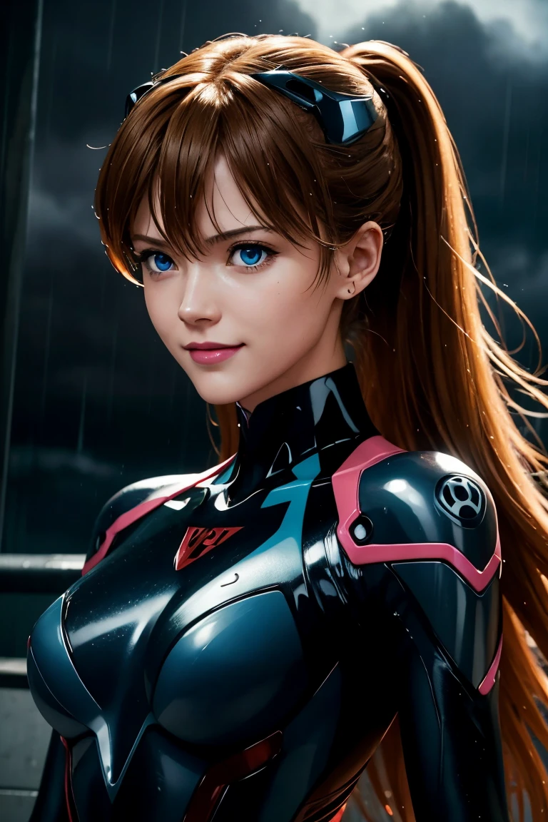 evangelion,asuka lanley,blue eyes,traje enchufable,Bodies,auriculares de interfaz,赤いBodies,ultra alta definición,calidad súper alta,obra maestra,Cámaras réflex digitales,Fotorrealista,Detalles detallados,detalles vívidos,representado en detalle,Una cara detallada,Detalles detallados,Súper detalle,textura de piel realista,Base anatómica,anatomía perfecta,mano anatómicamente correcta,Dedos anatómicamente correctos,Representación 3D compleja,pose sexy,cielo lluvioso,hermoso paisaje,Fantástico cielo lluvioso,pintoresco,Labios rosados,sonrisa,