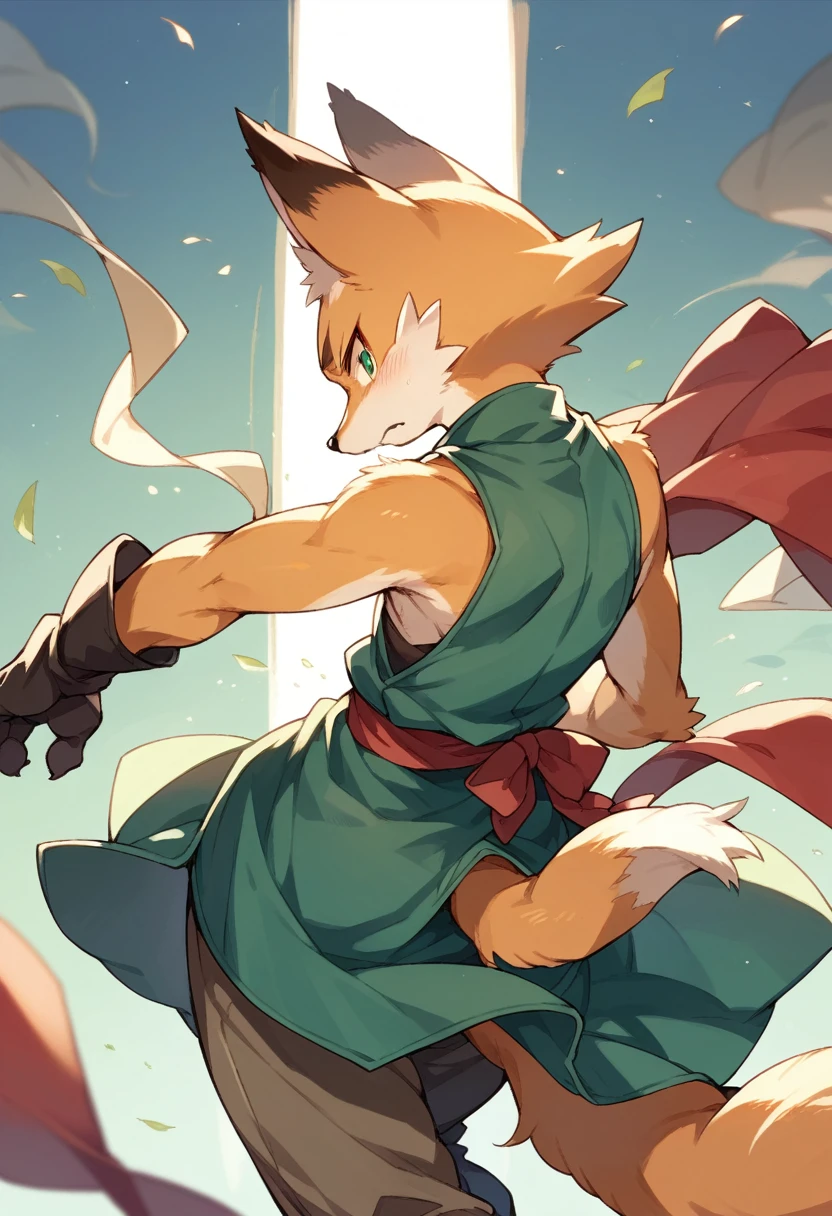 A doujinshi cover with a young male detective and a fox woman in a Chinese dress back to back, furry, kemono, with some elements of 007, battle manga,