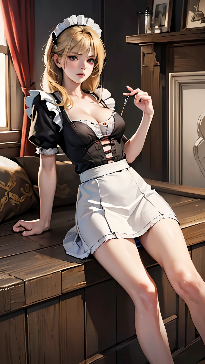 ((masterpiece, highest quality, Highest image quality, High resolution, photorealistic, Raw photo, 8K)), Ultra Wide Angle, blonde, maid dress, mini skirt, medium hair, onnanoko, cleavage, waist, naval, belly, loose appron