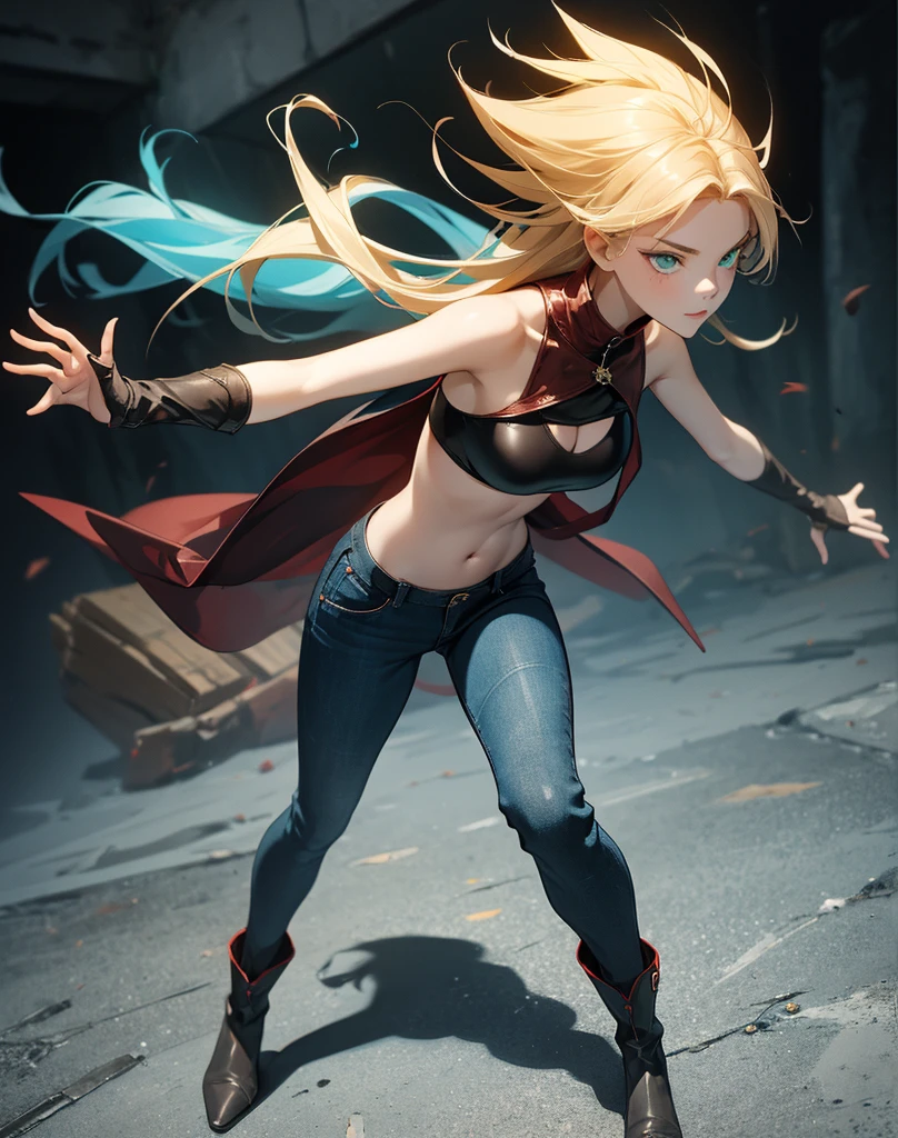 Sexy young girl with a good body, Long hair blonde, hair with red tones, green eyed, black leather jacket with white bra, ripped blue jeans, short brown boots with white, standing, spiky hair, bristly hair, standing, fighting pose, on guard, defense pose