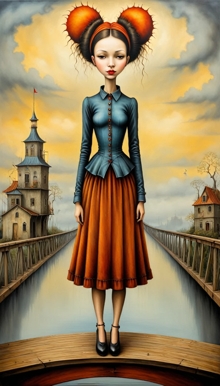 Hyperrealistic art in the style of esao andrews,esao andrews style,esao andrews art,esao andrewsa painting of a girl standing on a bridge, surrealist painting, a surrealist painting, surreal oil on canvas, surrealist oil painting, surrealism oil on canvas, surrealist landscape, surrealist landscape painting, surreal oil painting, magically shaped surrealism, style of surrealism, surreal painting, surrealist artwork, surrealism painting, inspired by Remedios Varo . Extremely high-resolution details, photographic, realism pushed to extreme, fine texture, incredibly lifelike