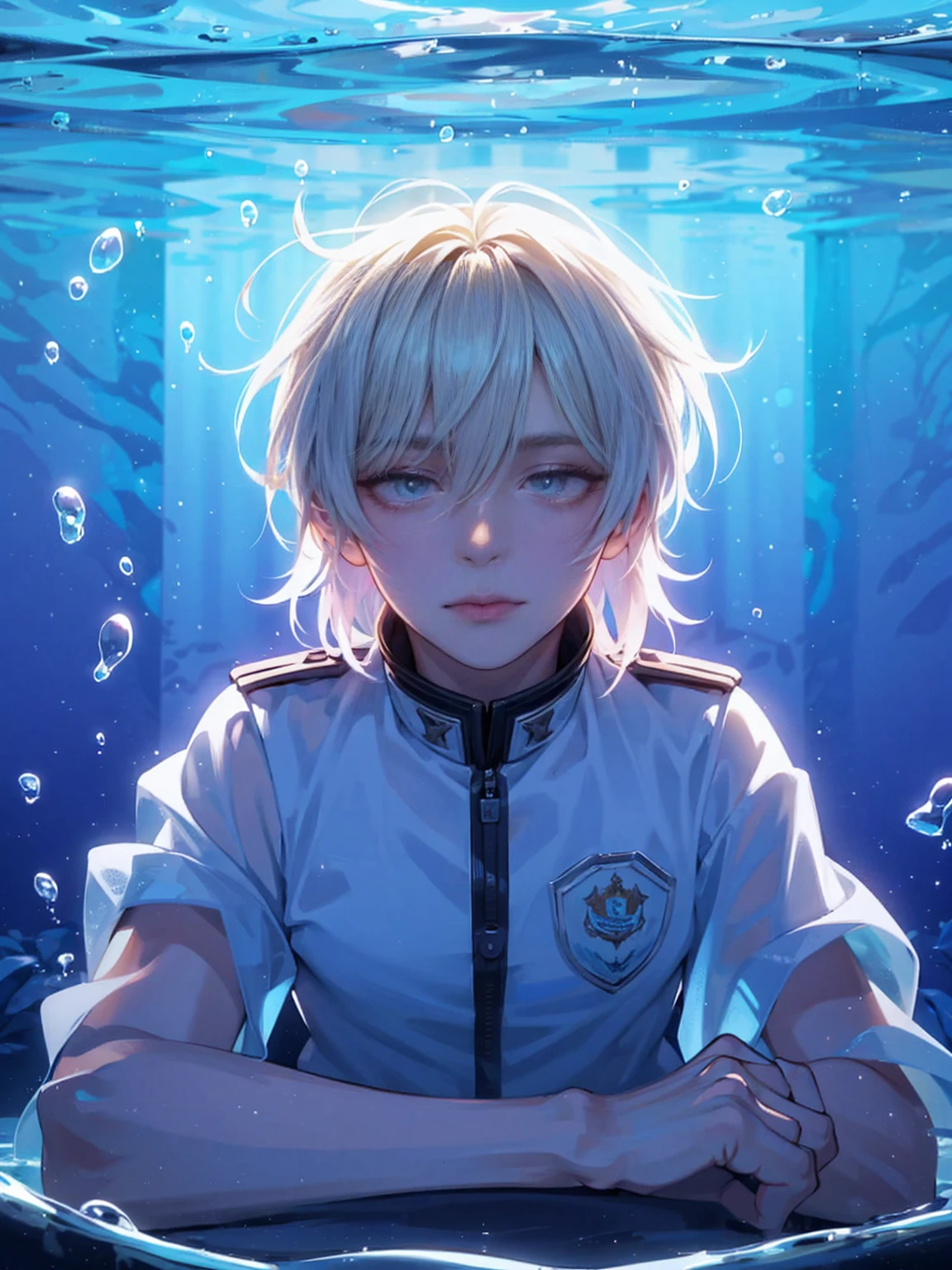 (transparent:1.3),White Seraph,White Theme,Uniforms,Looking at the audience,  crazy, Messy short hair, Beautiful and delicate eyes,Hair Glow,dramaticangle,A faint smile,Some underwater shots...