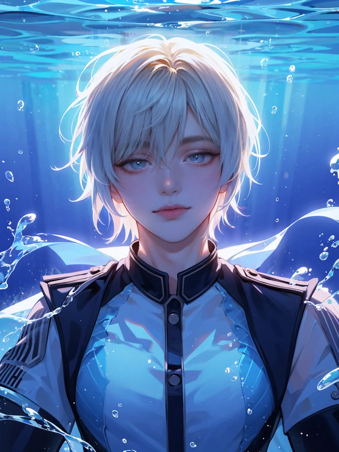 (transparent:1.3),White Seraph,White Theme,Uniforms,Looking at the audience,  crazy, Messy short hair, Beautiful and delicate eyes,Hair Glow,dramaticangle,A faint smile,Some underwater shots...