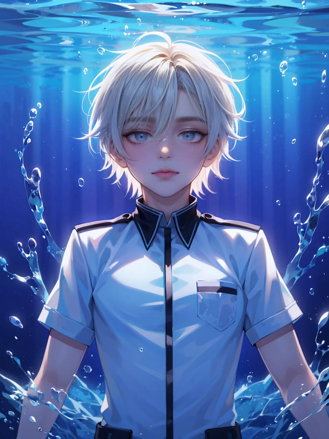 (transparent:1.3),White Seraph,White Theme,Uniforms,Looking at the audience,  crazy, Messy short hair, Beautiful and delicate eyes,Hair Glow,dramaticangle,A faint smile,Some underwater shots...