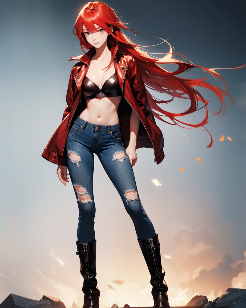 Sexy young girl with a good body, bright red hair, long hair, red eyed, with black leather jacket with white bra, ripped blue jeans, short brown boots with white, standing, spiky hair, bristly hair, standing, pose standing