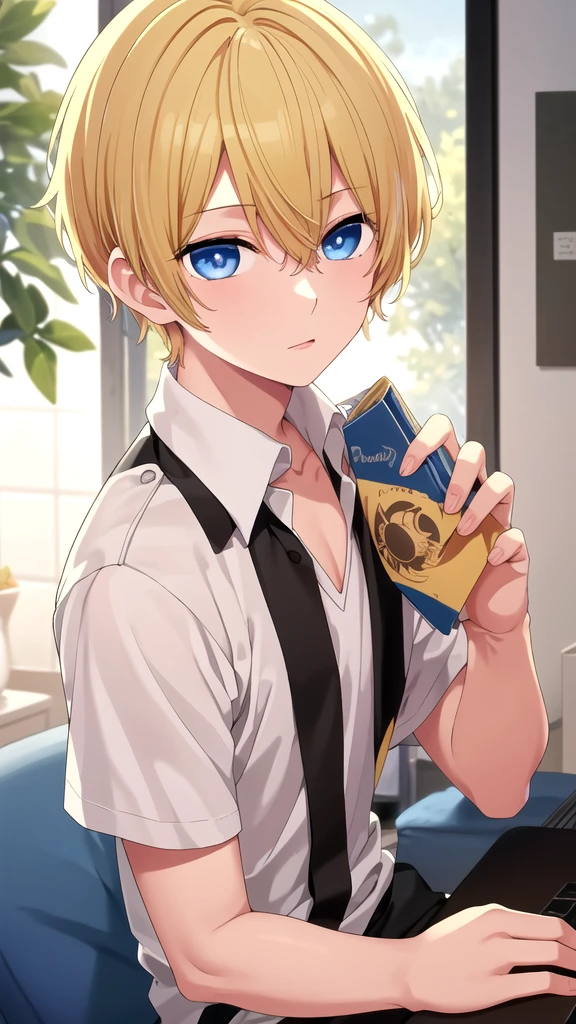 masterpiece, best quality, high quality, 1boy, solo, 14-year-old boy,male focus, looking at viewer , blonde hair, old-school swoop haircut,upper body , blue eyes,