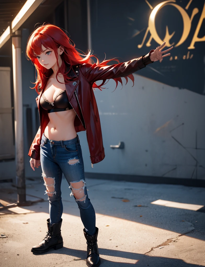 Sexy young girl with a good body, bright red hair, long hair, red eyed, with black leather jacket with white bra, ripped blue jeans, short brown boots with white, standing, spiky hair, bristly hair, standing, pose standing