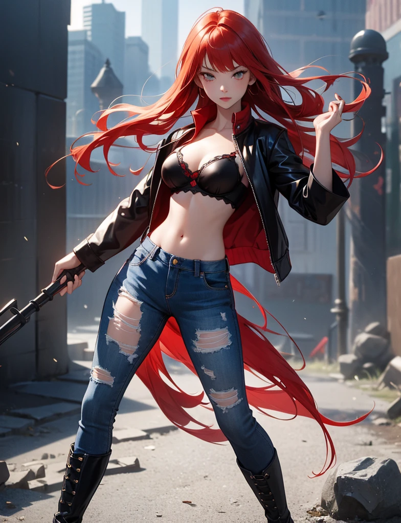 Sexy young girl with a good body, bright red hair, long hair, red eyed, with black leather jacket with white bra, ripped blue jeans, short brown boots with white, standing, spiky hair, bristly hair, standing, pose standing