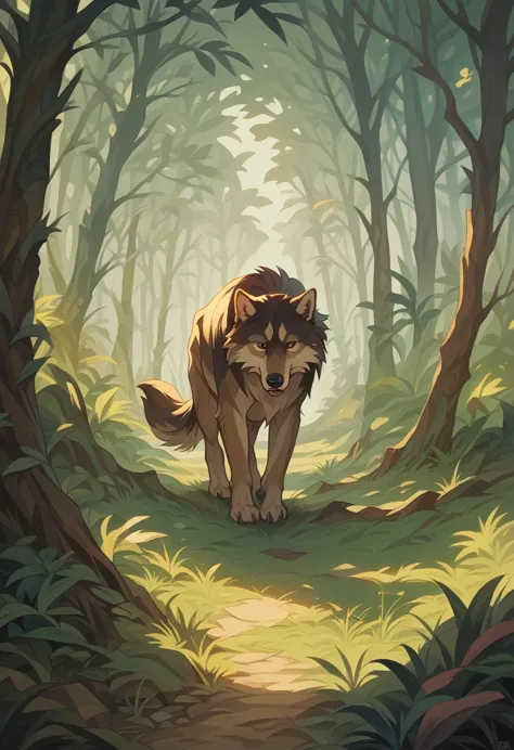 cover page, a girl and a wolf meet in the forest, flat design, vector illustrations, graphic illustration, detailed 2d illustrat...