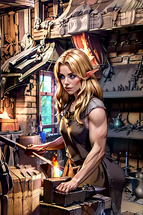 A dark blonde elven strong woman blacksmith working at her forge, larger, stronger, more defined elven features
