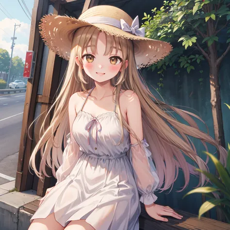 masterpiece, highest quality, high resolution, hs1,blush、smile,nsfw、on the road、white dress、straw hat