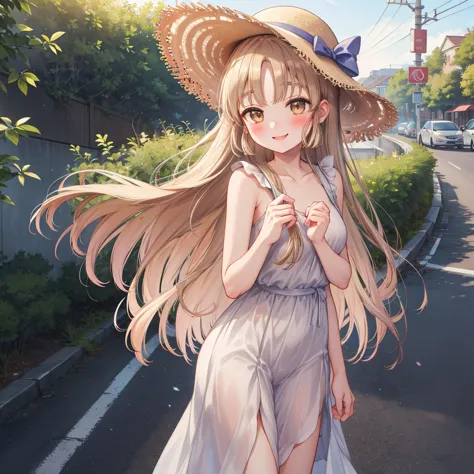 masterpiece, highest quality, high resolution, hs1,blush、smile,nsfw、on the road、white dress、straw hat