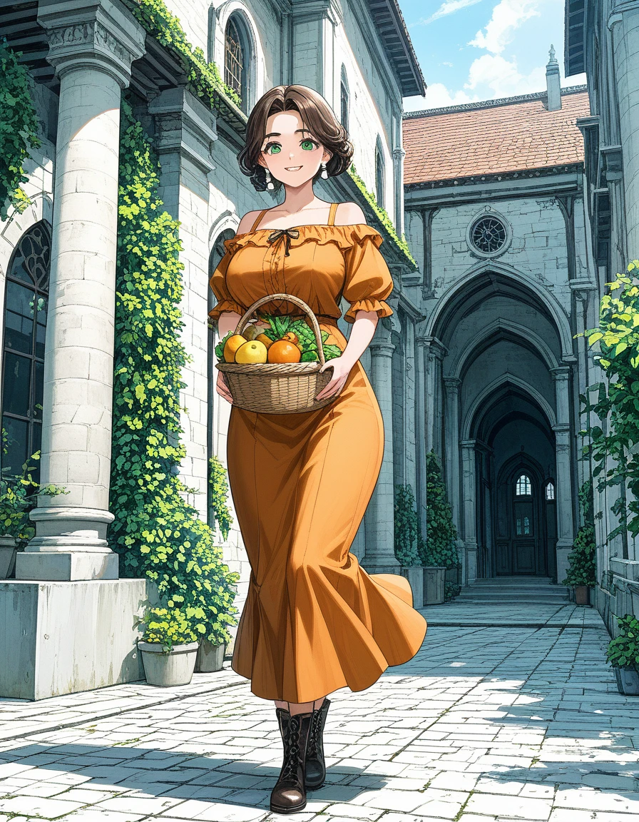 rustic, voluptuous, 40-year-old villager, short curly brown hair, thick eyebrows, green eyes, big breasts, big ass, pearl earrings, short-sleeved orange dress, leather boots, smiling, carrying a basket, waiting at the entrance of a chapel, ecchi fantasy anime, Fujisawa Toru style, cinematic, dramatic, masterpiece, dynamic view, full body,