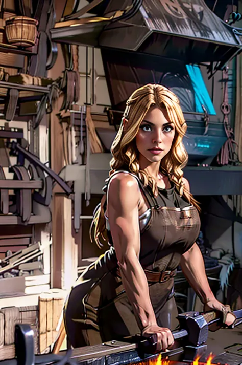 A dark blonde elven strong woman blacksmith working at her forge, larger, stronger, more defined elven features
