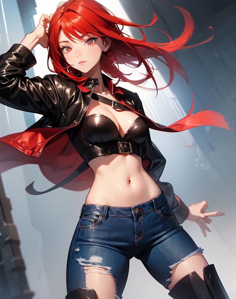 Sexy young girl with a good body, bright red hair, long hair, with bright red eyes, bright Eyes, with black leather jacket with white bra, ripped blue jeans, short brown boots with white, standing, spiky hair, bristly hair, standing, pose standing