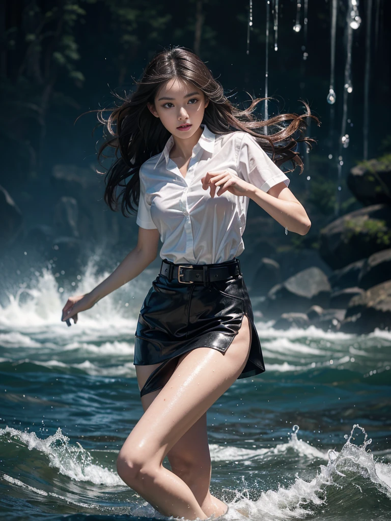 18s woman in thai university uniform, long straight hair, white plain button up shirt, black tight mini skirt, brown belt, white sneakers, masterpiece:1.2, high detail, realistic, cinematic scene, slim and perfect figure, perfect body proportions, 16k, portrait photo, dynamic pose, dynamic compositions, water, surrounded by heavy swirl water from head to toes, motion blur, long exposure, at sea shore, martial arts, blue light tone, water magic, (water element:1.2), water goddess, xuer martial arts, water wall, insane detailed on face, close up, water droplets on the skin, rain drips all over my body:1.2, wet body:1.2, black bra, wet shirt:1.4, wet skirt:1.2, wet hair:1.2