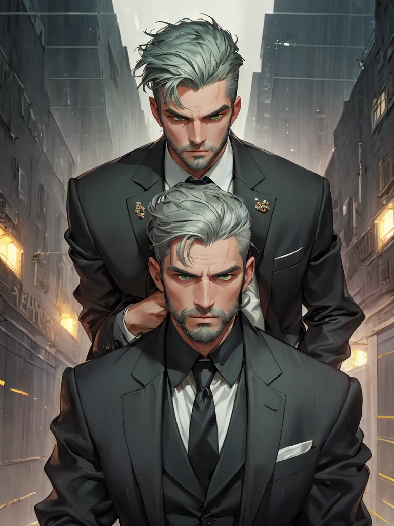 (An attractive man with perfect body with grey hair and green eyes with a serious and mysterious look)), ((one man)), (((Wearing mafia costumes))), ((formal clothes)) ((Mafia boss)), ((1920 costumes)), ((absurdres)), (masterpiece 1.3), (incredibly detailed), (highres:1.1), (high detailed skin:1.4), (high quality lighting), (skin texture), (UHD), (K), (studio lighting), (photorealistic), (hyper realistic), (symmetric face), (unreal engine), (bokeh), (high resolution scan), (professional photograph), ((stunning handsome man)), ((short beard)), ((stoic)), ((stern looking)) , ((symmetrical eyes)), (strong jawline), (green eyes), (grey hair), (short hair), (1man), (solo), (dark atmosphere), (Dynamic poses), (masterpiece,best quality) ,
