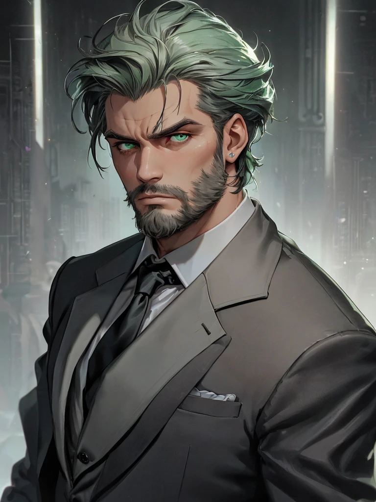 (An attractive man with perfect body with grey hair and green eyes with a serious and mysterious look)), ((one man)), (((Wearing mafia costumes))), ((formal clothes)) ((Mafia boss)), ((1920 costumes)), ((absurdres)), (masterpiece 1.3), (incredibly detailed), (highres:1.1), (high detailed skin:1.4), (high quality lighting), (skin texture), (UHD), (K), (studio lighting), (photorealistic), (hyper realistic), (symmetric face), (unreal engine), (bokeh), (high resolution scan), (professional photograph), ((stunning handsome man)), ((short beard)), ((stoic)), ((stern looking)) , ((symmetrical eyes)), (strong jawline), (green eyes), (grey hair), (short hair), (1man), (solo), (dark atmosphere), (Dynamic poses), (masterpiece,best quality) ,
